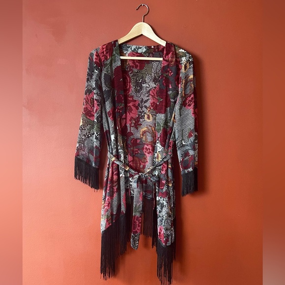 Sweaters - Fringed Floral Kimono Cardigan
